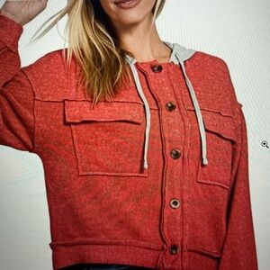 Zenana Brushed Hacci Hooded Button Down Shacket